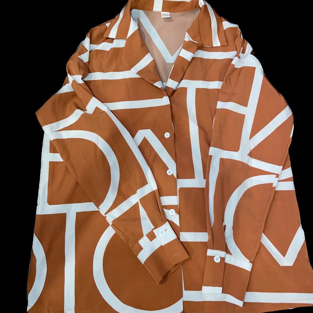 Geometric Satin Button-Up Blouse